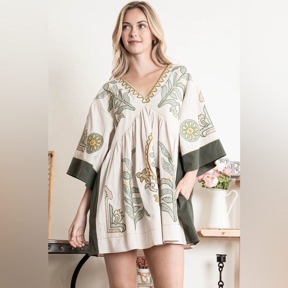 #20 NEW ! CLOSEOUT FIRM 🌸Embroidered Cotton Linen blend Mini Dress in Cream Sage - Picture 2 of 9